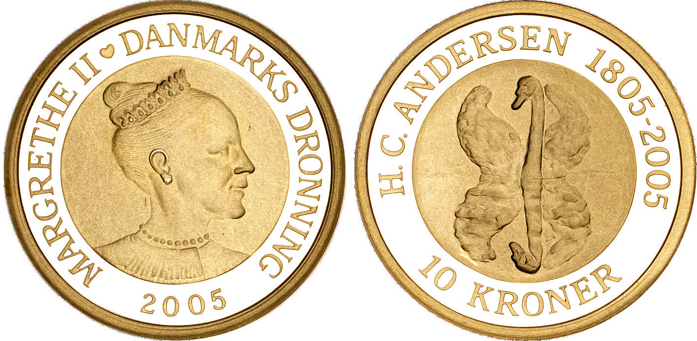 Denmark, Margrethe II (1972-2024), gold Proof 10 Kroner, 2005 - The Nightingale