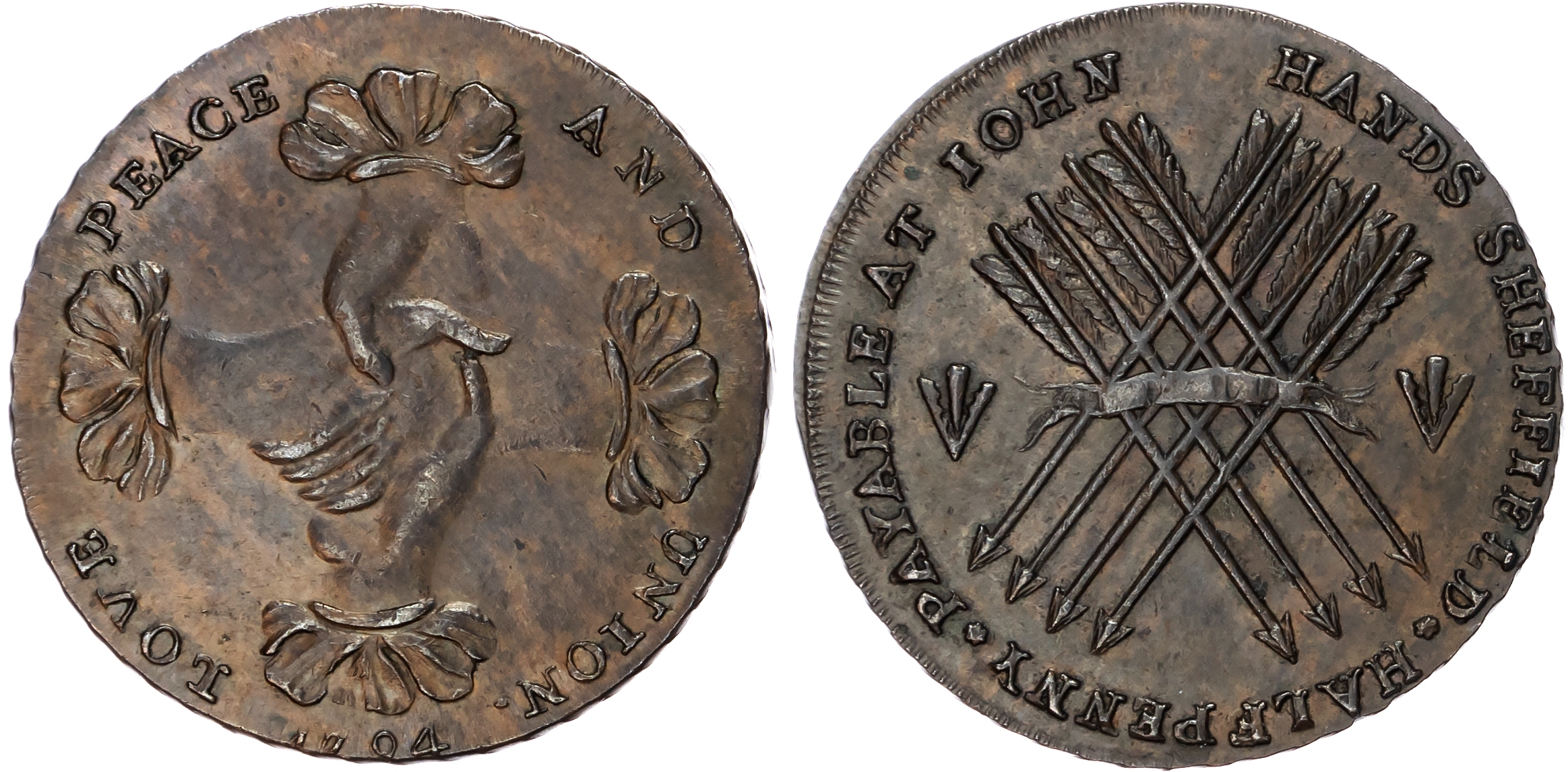 Yorks. Sheffield , John Hands (scissor case maker) Halfpenny 1794, Four clasped hands in cruciform, rev. Sheff…