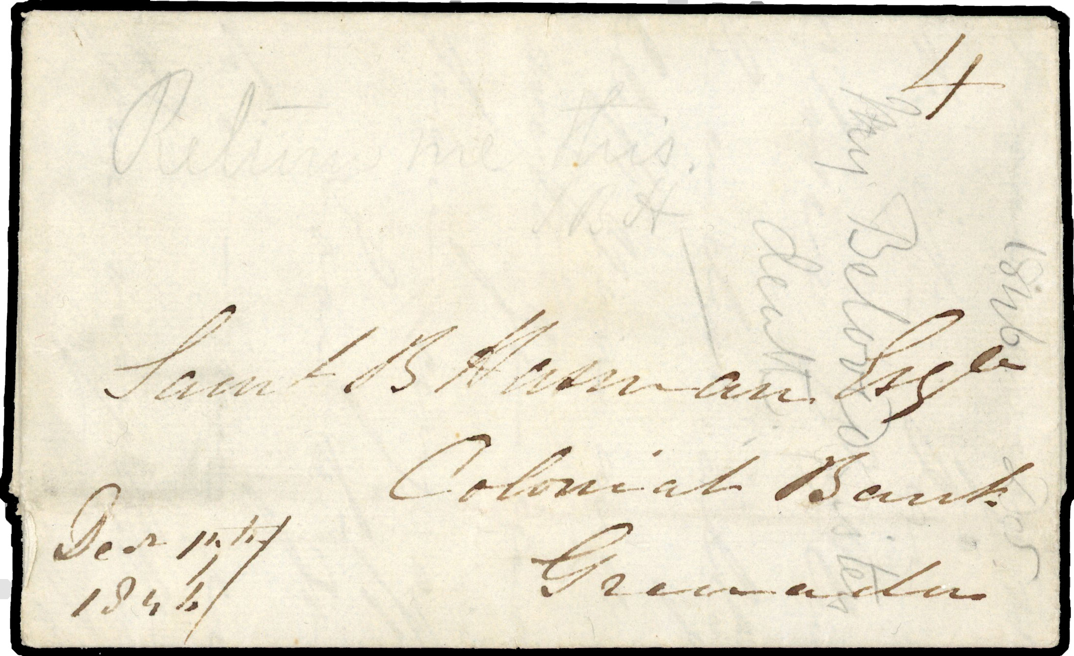 1846 pre-stamp entire to Grenada rated ‘4’ with light Antigua De Zolgne despatch backstamps, unusual inter island
