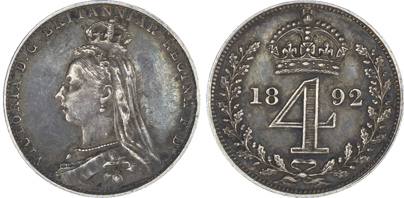 Victoria (1837-1901), Maundy set, 1892, Four, Three, Two and One Penny, each with Jubilee best left, legend and toothed