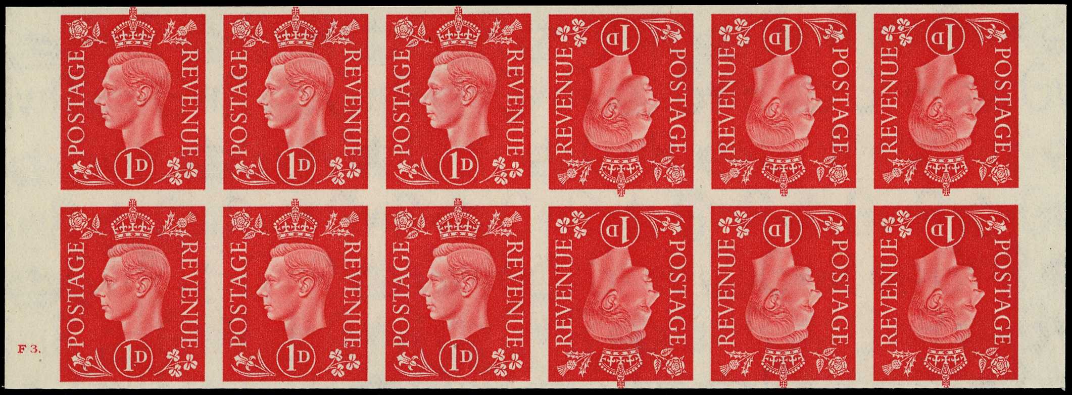BPMA: 1937 1d scarlet (dark colours). Superb unmounted o.g imperforate imprimatur tête-bêche pair of booklet panes of six...