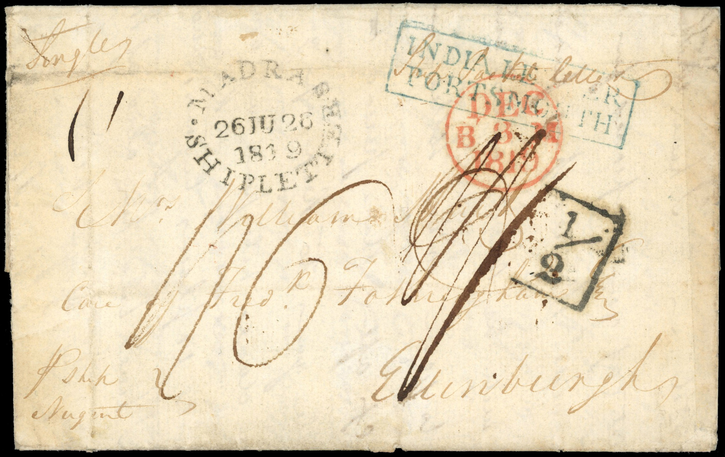 GB 1819 India Letter handstamp in blue on cover