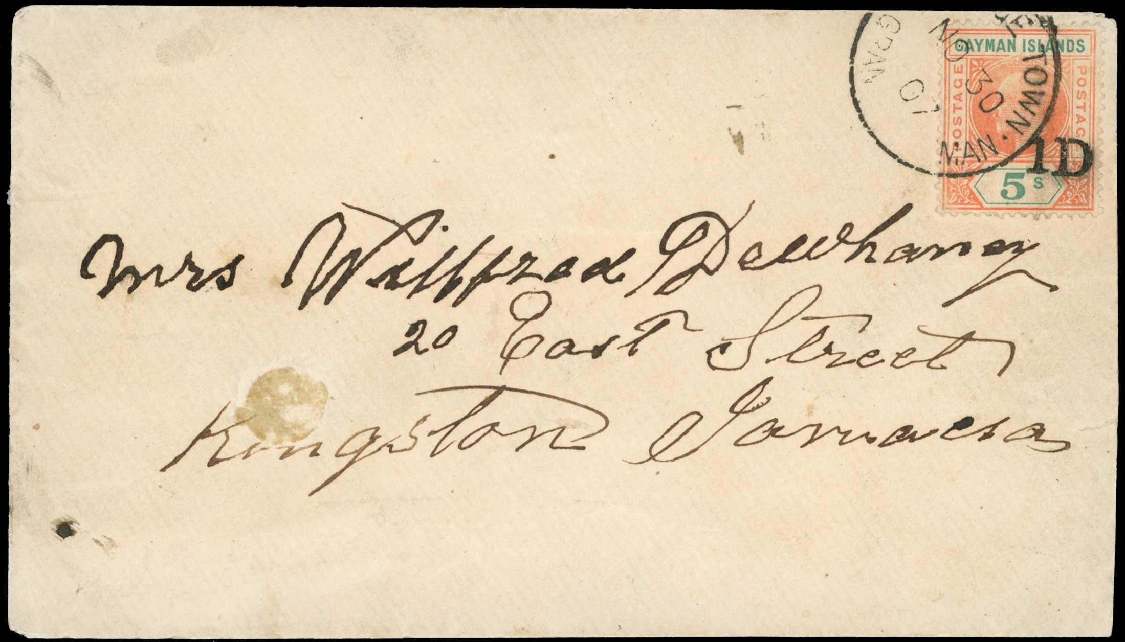 1907 cover to Jamaica with a "1D" on 5s...