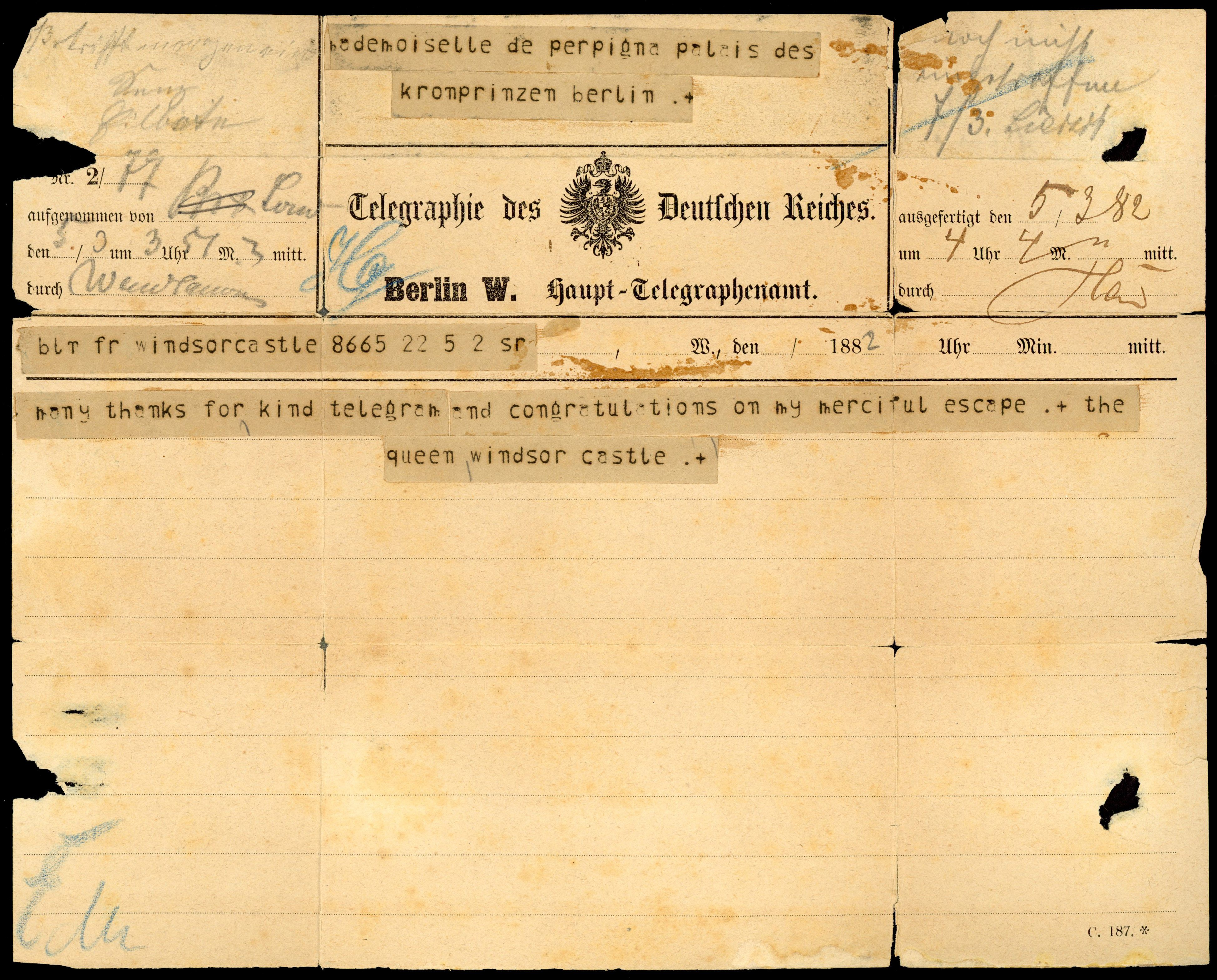 GB Telegram sent by Queen Victoria to a Lady of the Court in Berlin