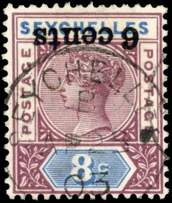 Seychelles SG 40a 1901 6c on 8c surcharge inverted used