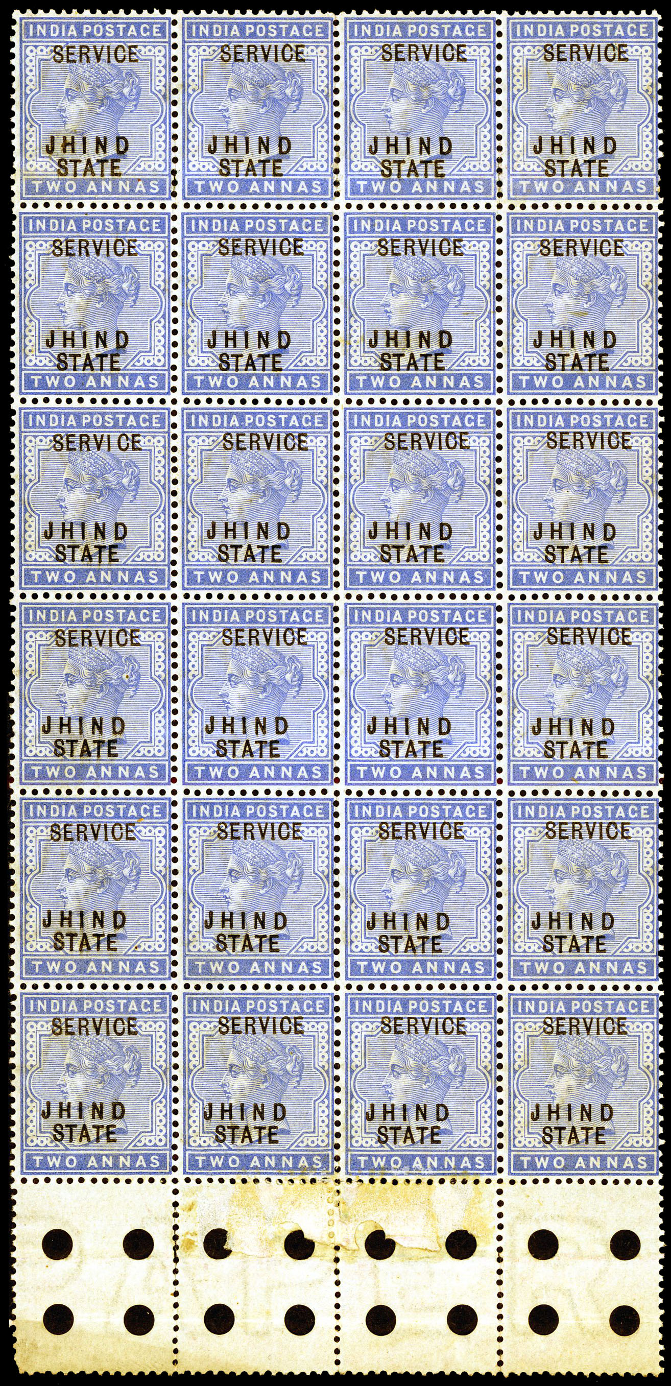 I.C.S. Jind 1886 SGO15a/b Official 2a dull blue block of 24, with "SERVICE" double, one albino x4, and treble, two albino x20