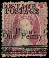 1877 1d on  6d rose, surcharge double, lightly cancelled.  SG 93b,...