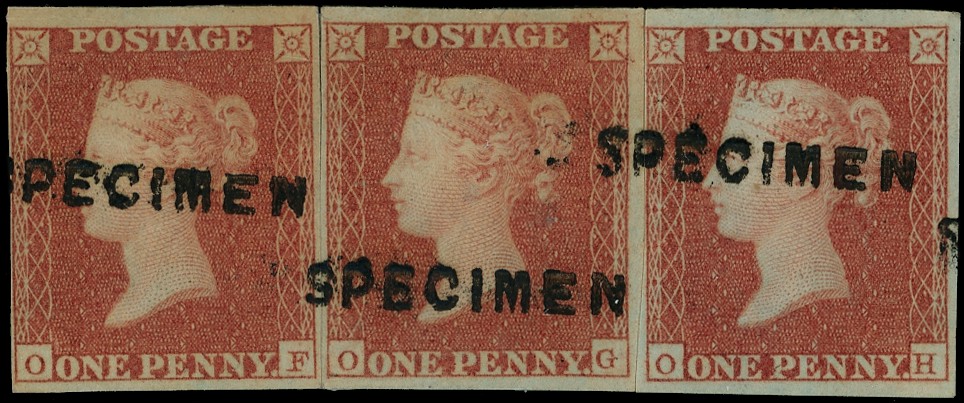 1841 1d Red-brown Pl.90. re-joined strip of three "SPECIMEN" type...