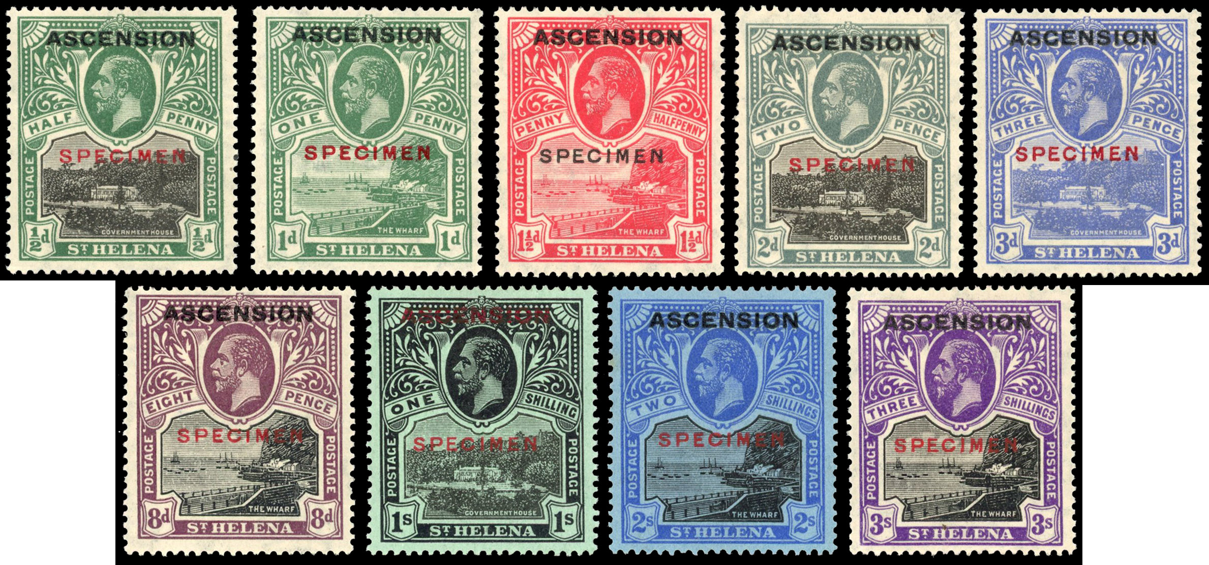Ascension 1922 overprints on St Helena stamps, set of nine to 3s, mint with large part o.g. overprinted ‘ SPECIMEN’