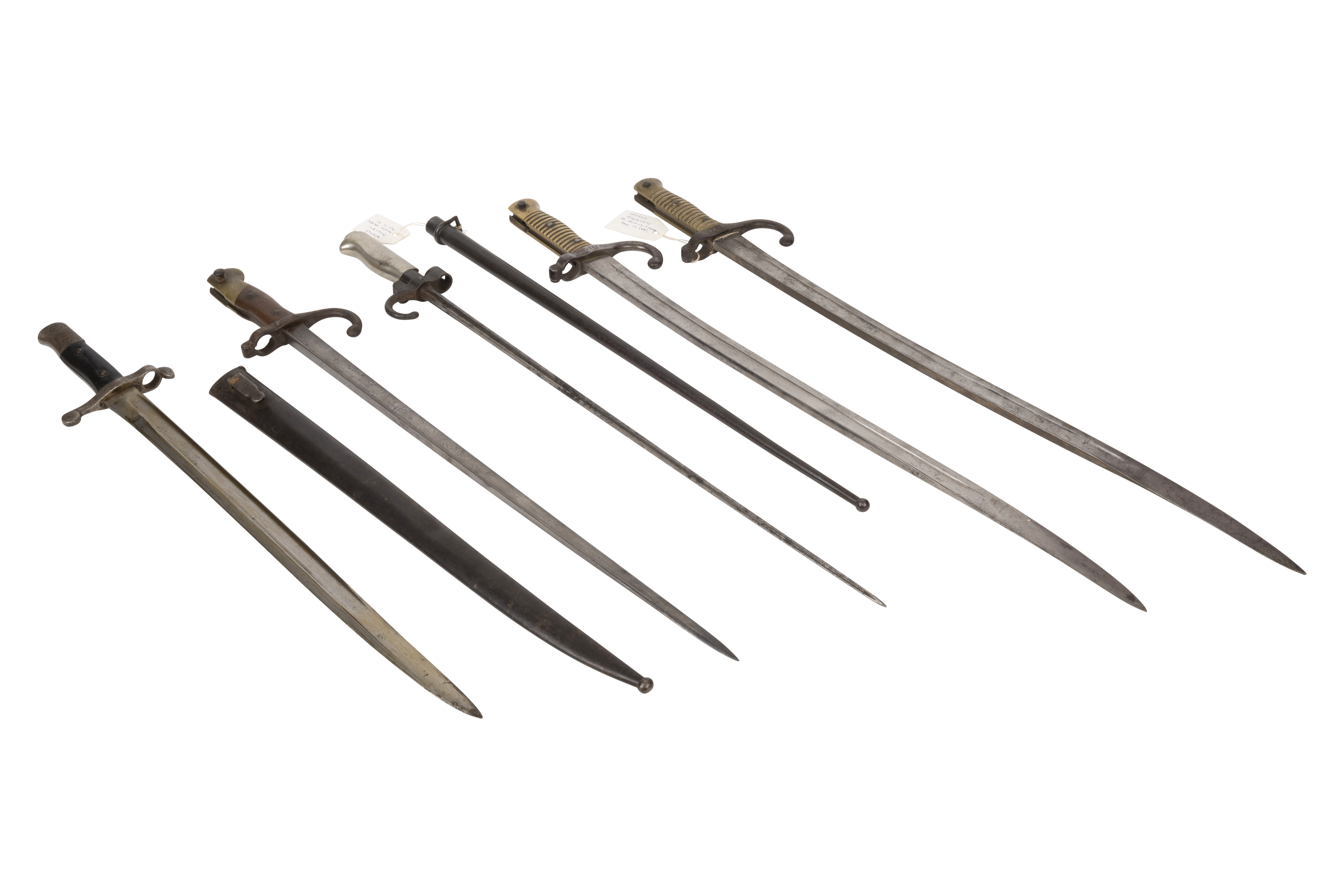 Collection of French bayonets, including Lebel and Chassepot patterns (5 items)