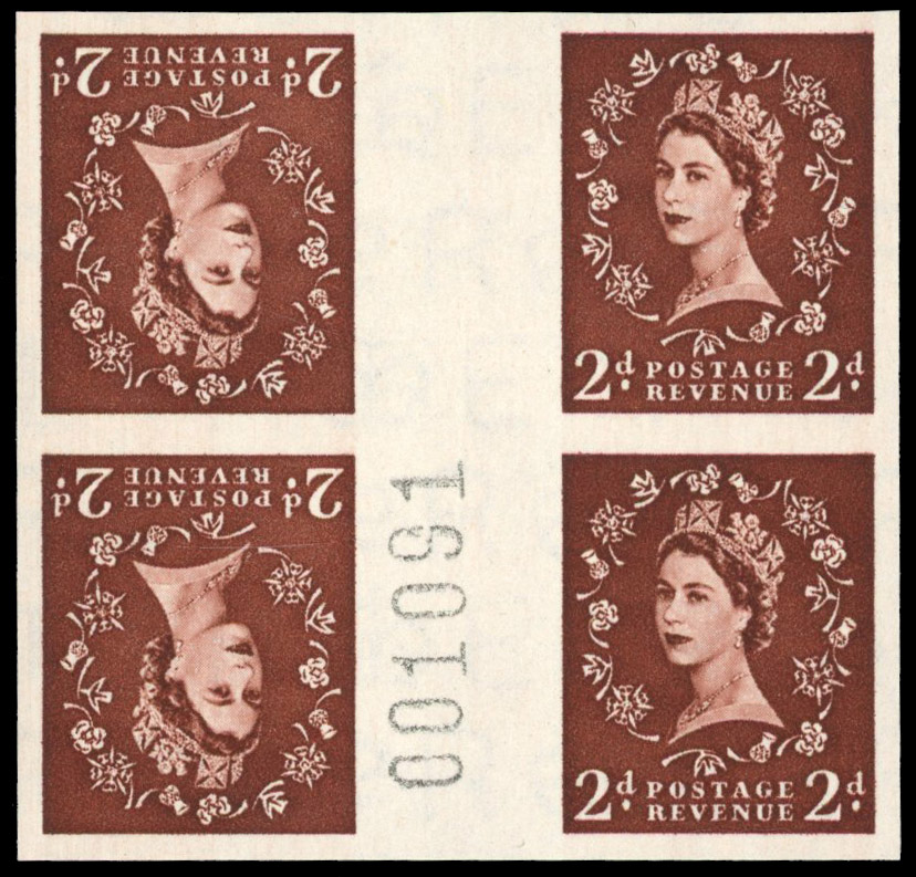 Great Britain 1955 2d Red-brown "Wilding", Tête-bêche Gutter Block of Four, BPMA Imprimatur, SG 543
