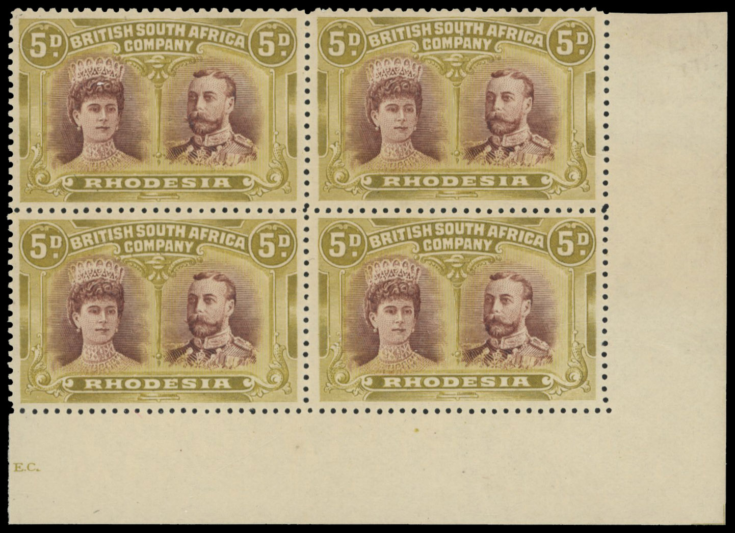 5d purple-brown and olive-yellow SG 141a block, positions 44-50 mint