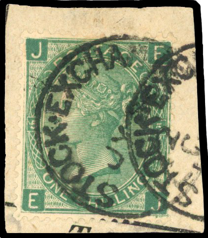 1872 1s green, plate 5 (EJ), ‘STOCK EXCHANGE FORGERY’ used
