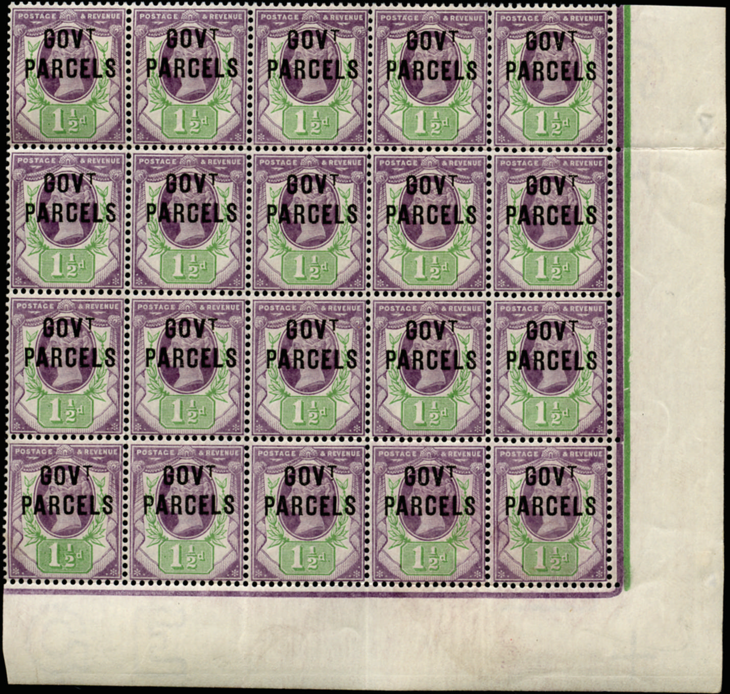 Great Britain 1887 1½d Dull purple and pale green (Govt. Parcels). Very fine and fresh unmounted o.g. bottom right…