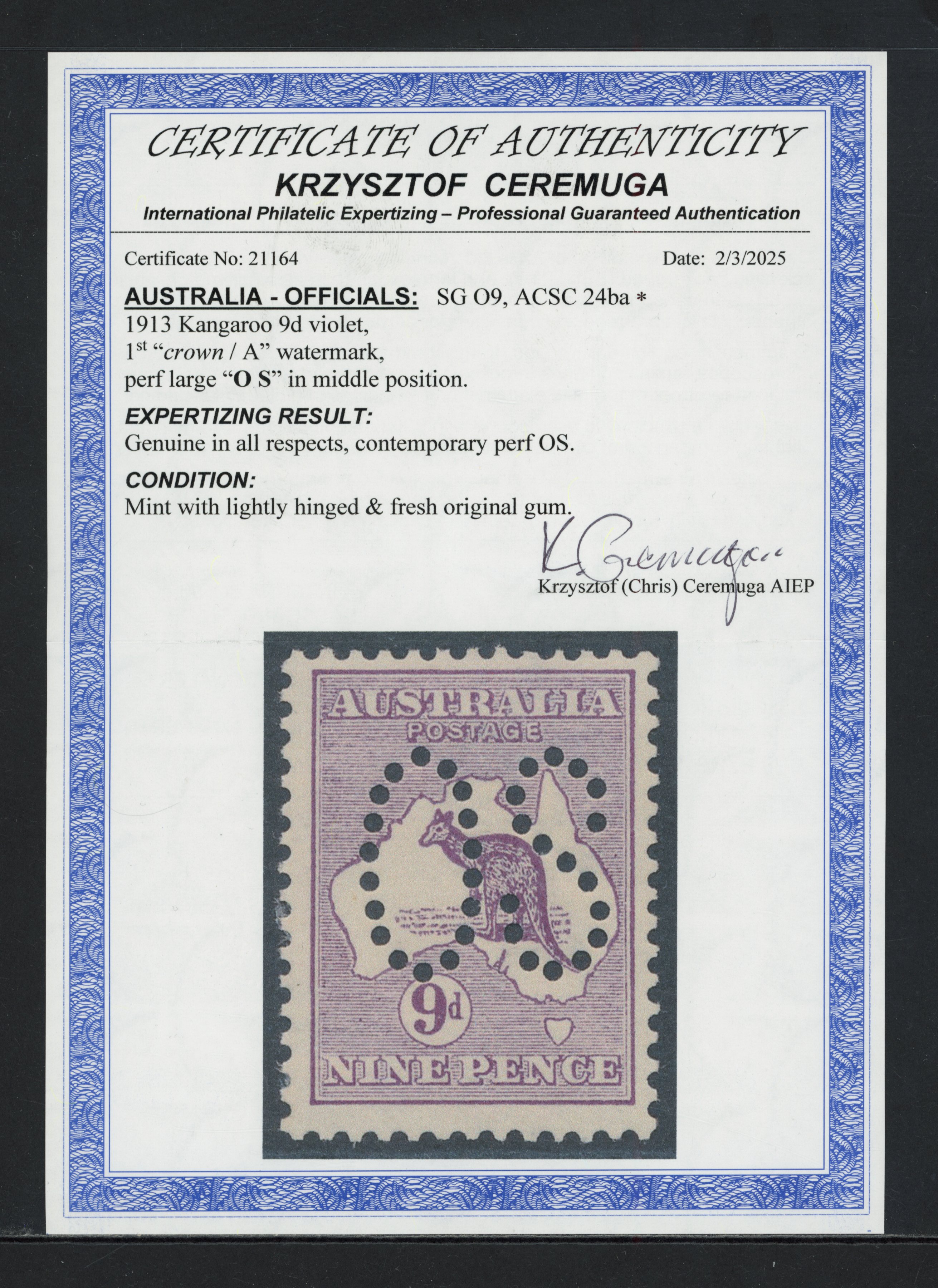 Australia 1913 official 9d violet