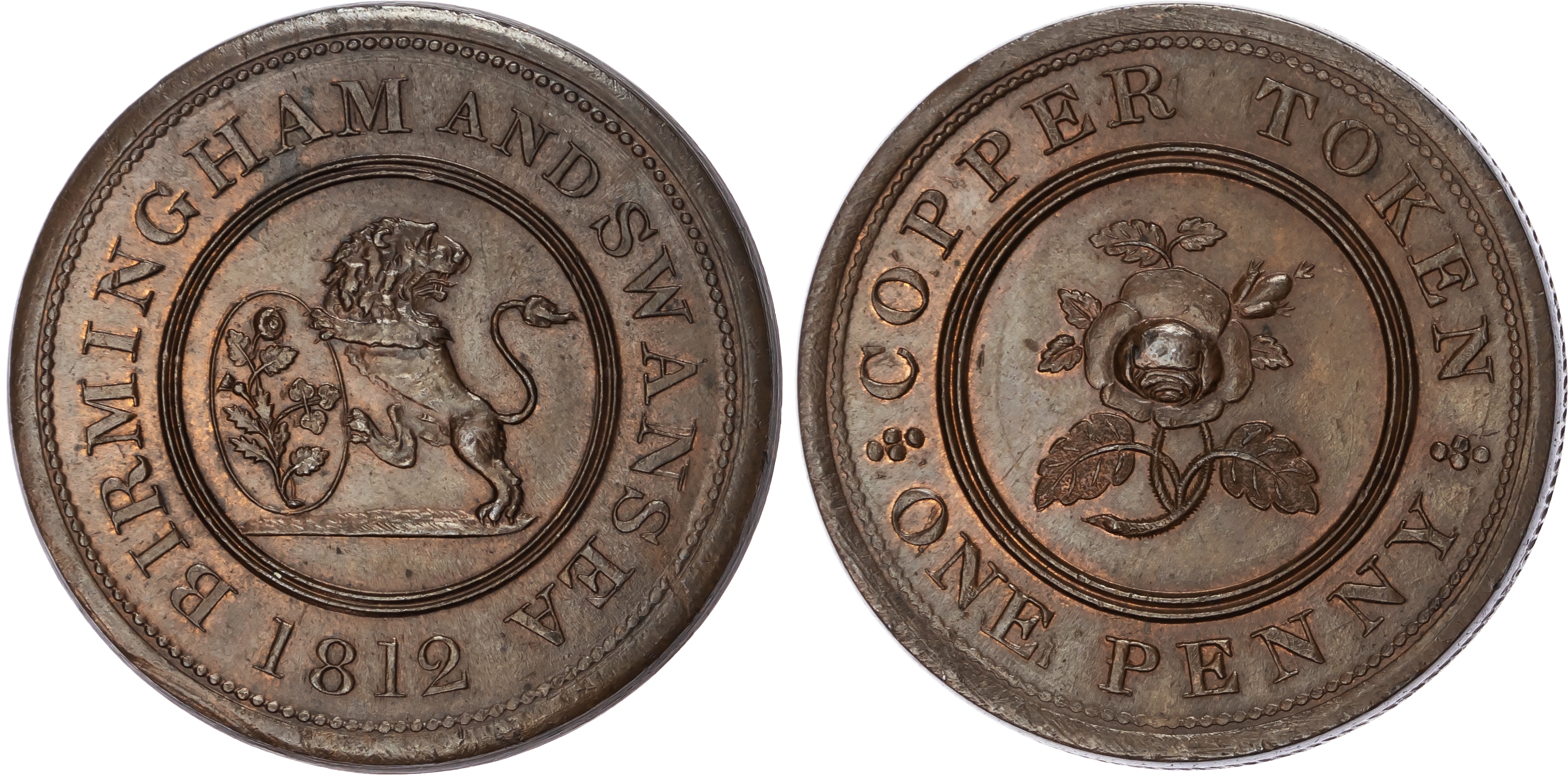 BIRMINGHAM & SWANSEA, Warks. & Glams. Rose Copper Co. Penny 1811, Rose sprig, rev. Lion holding oval with a ro…