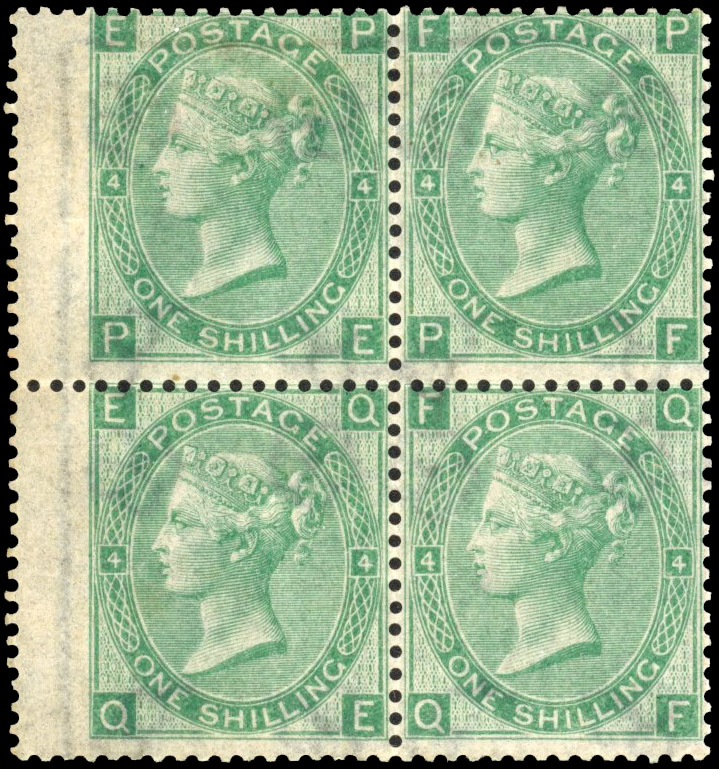 Great Britain 1865-67 1s green, Pl. 4, block of four, SG 101