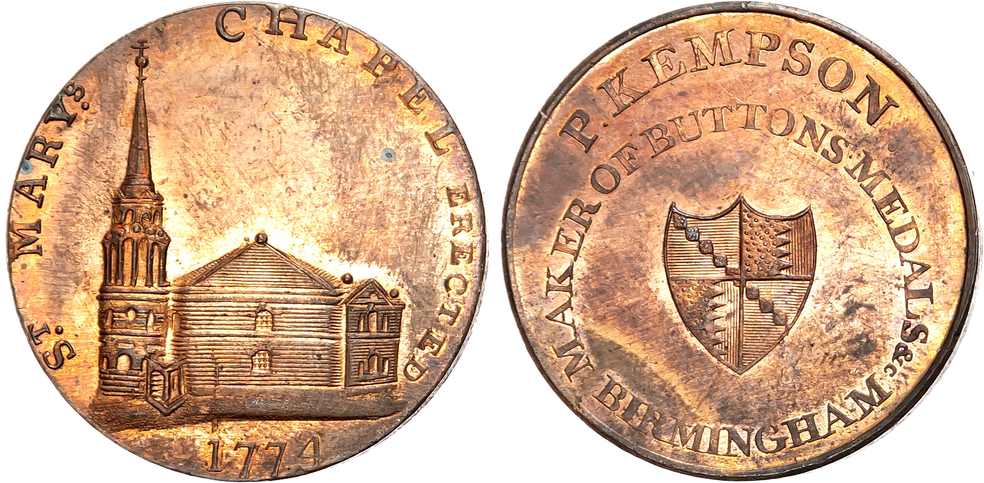 Warks. Birmingham , P Kempson’s Series of Birmingham Buildings, Halfpenny late 1790s, St. Mary’s Church, rev. Arms of Bi …