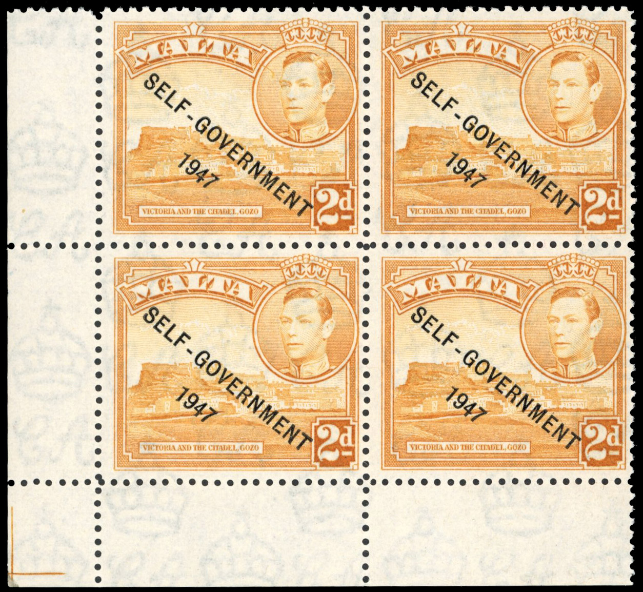 Malta SG 238cc 1948 2d scratched plate block mint