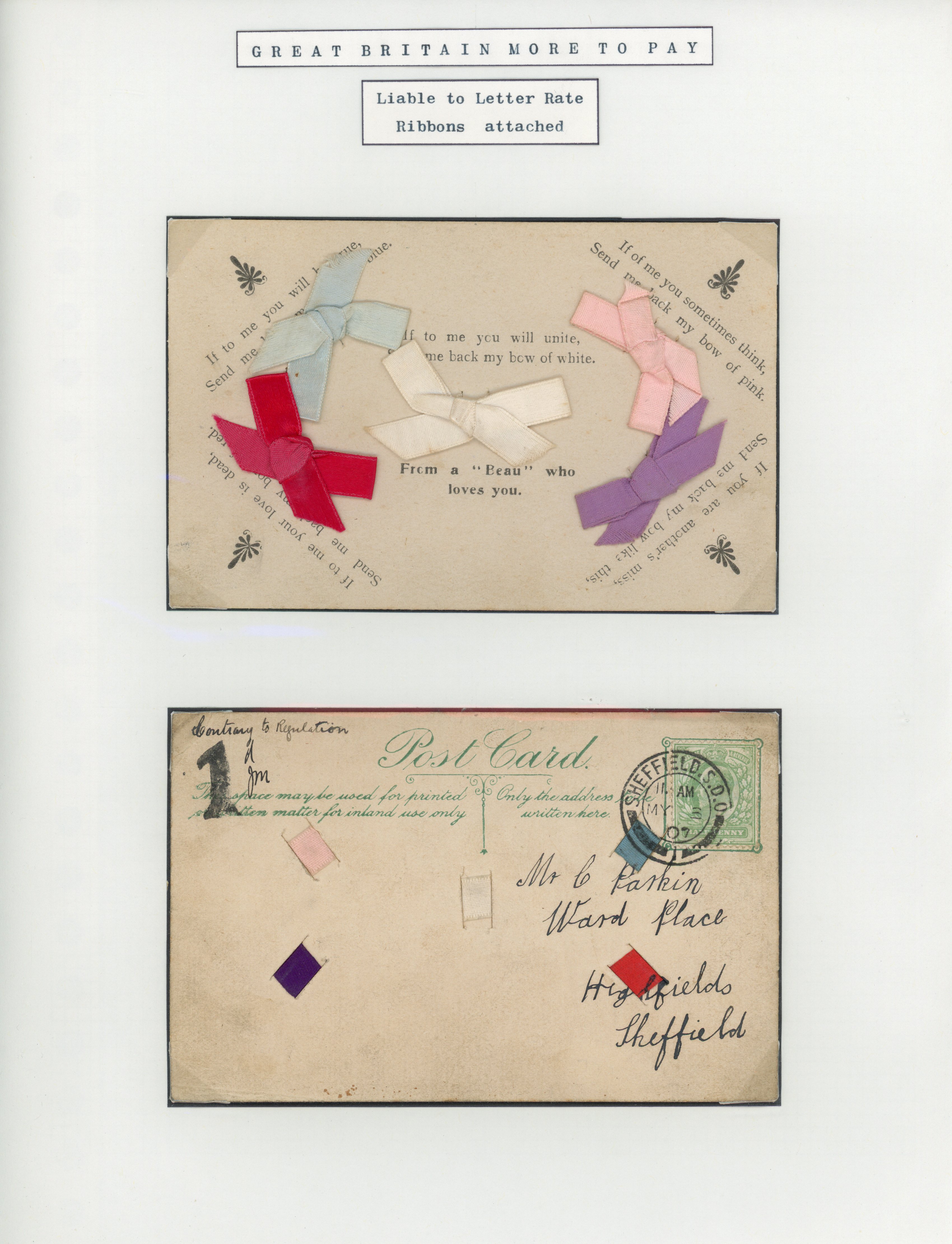 Great Britain 1907 pair of novelty postcards with ribbon attached
