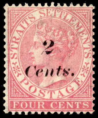 Straits Settlements SG 61a 1883 2c on 4c rose variety "s" inverted