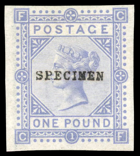 1878 £1 Colour trial Pl.1. (CF) imperforate example in blue. 'SPECIMEN'