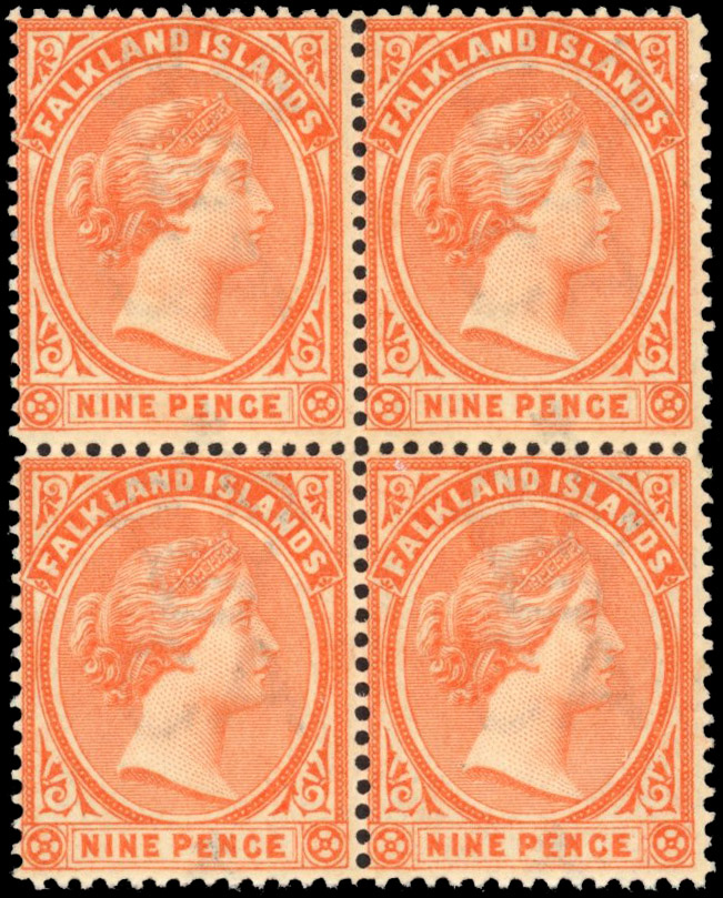 Falkland Islands SG 36 1896 9d salmon block mint