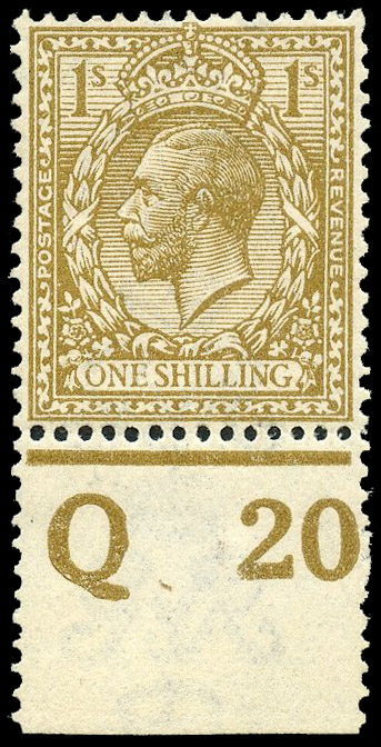 1920 1s Yellow-brown ‘Royal Cypher’. Superb unmounted o.g. bottom marginal Q20 control 