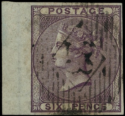 1856 6d Deep Mauve imperforate plate proof, used trial cancel.