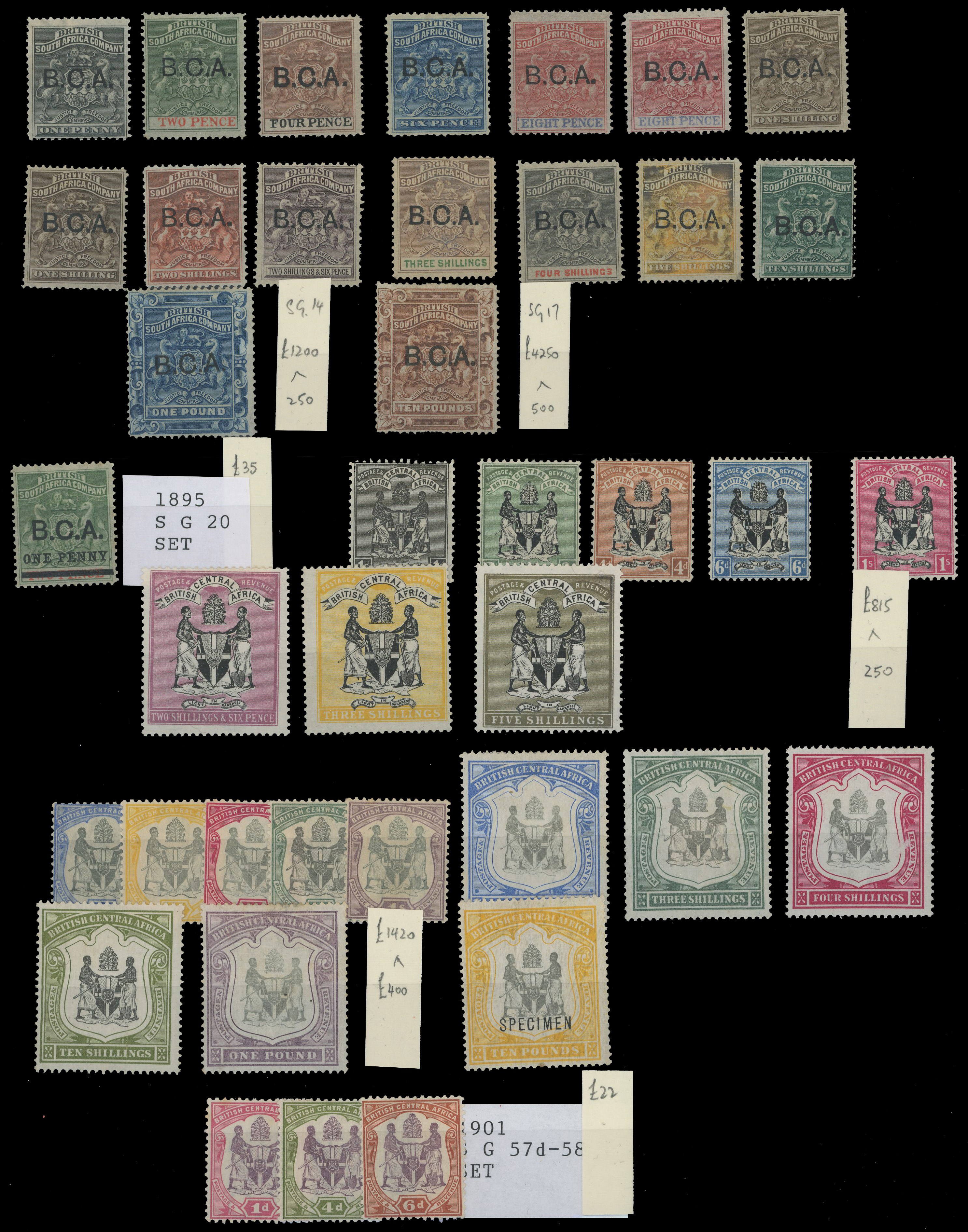 NYASALAND: 1891 to 1905 mint on stockcards including 1891 to £1, plus £10 brown, 1897 to £1, £10 overprinted “SPECIMEN”
