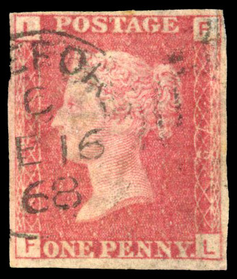1864 1d Rose-red Pl.79 (FL). Imperforate used