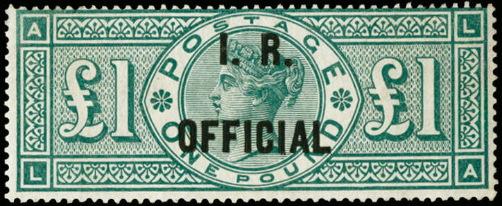 1892 £1 green (I.R. Official). Very fine unused o.g.