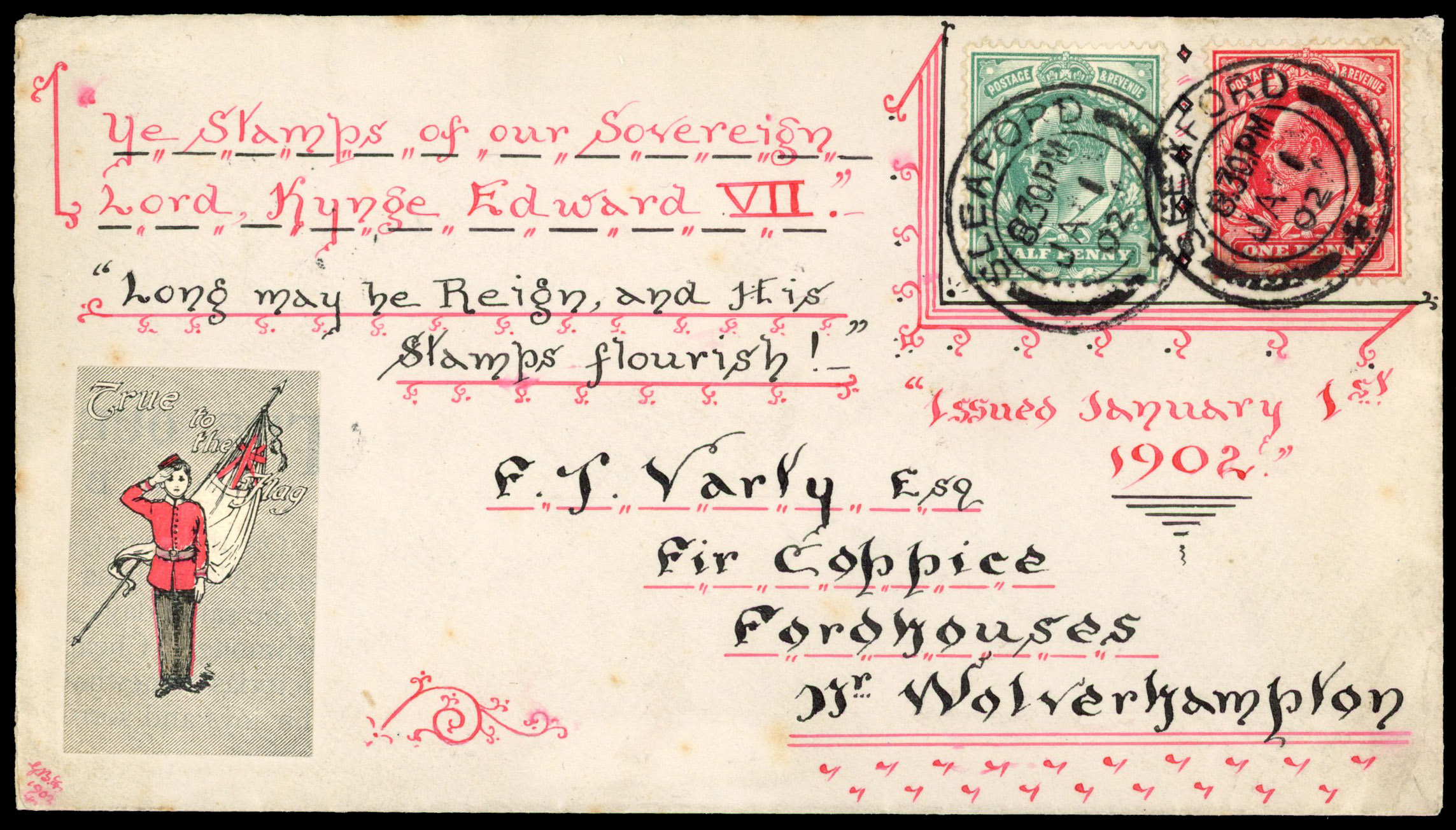 1902 Hand illustrated First Day cover. Very fine part printed and ornately addressed/illustrated