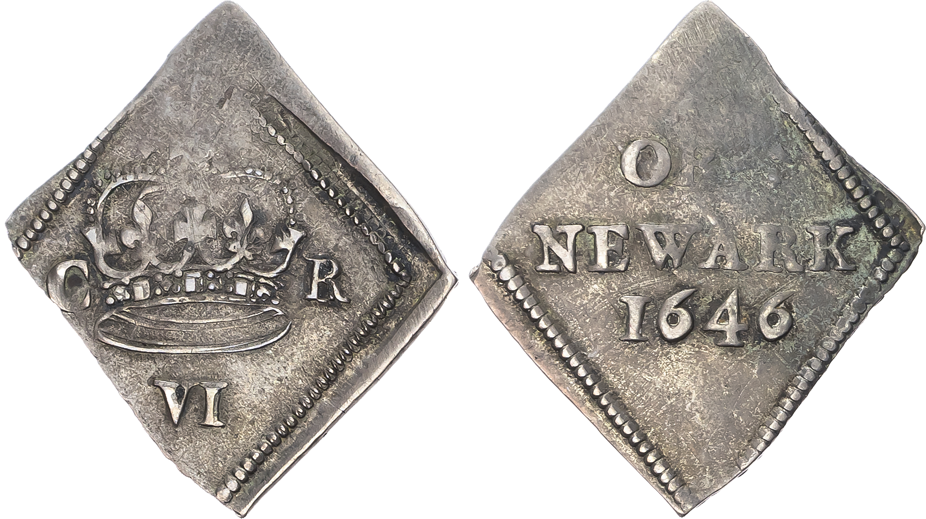 Charles I (1625-1649), AR lozenge shaped sixpence 1646, Newark besieged in the name of Charles I. Large crown; C R flank…