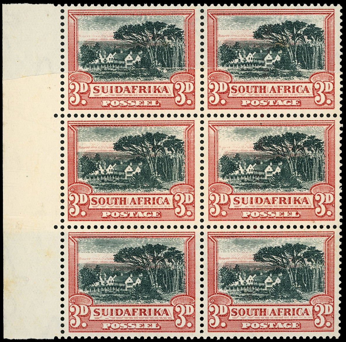 South Africa SG 43, 44bw, 45aw joined paper blocks mint