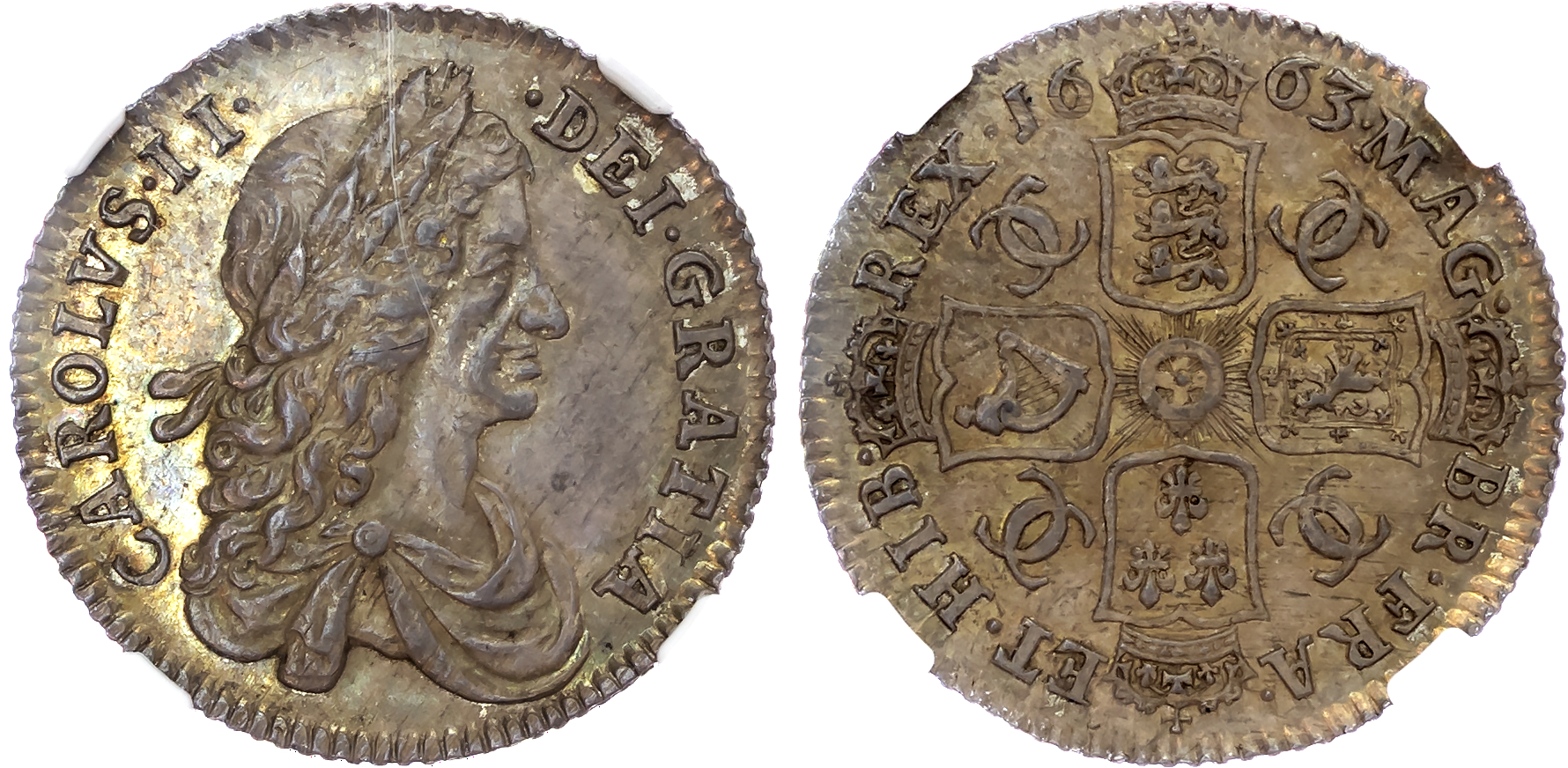Charles II (1660-1685), Milled Coinage (1662-1685), AR Shilling, 1663. NGC MS 63.