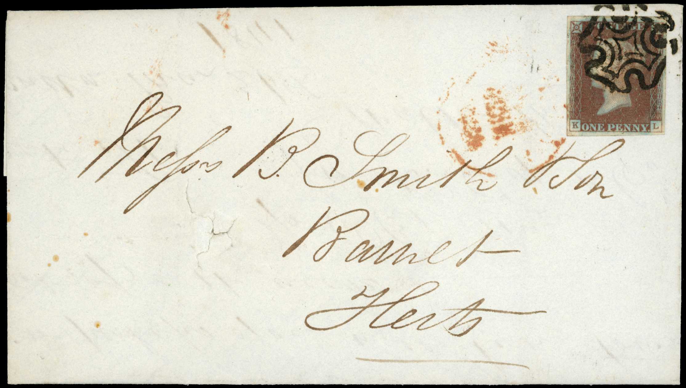 1841 1d red KL, four margins from Plate 1B...