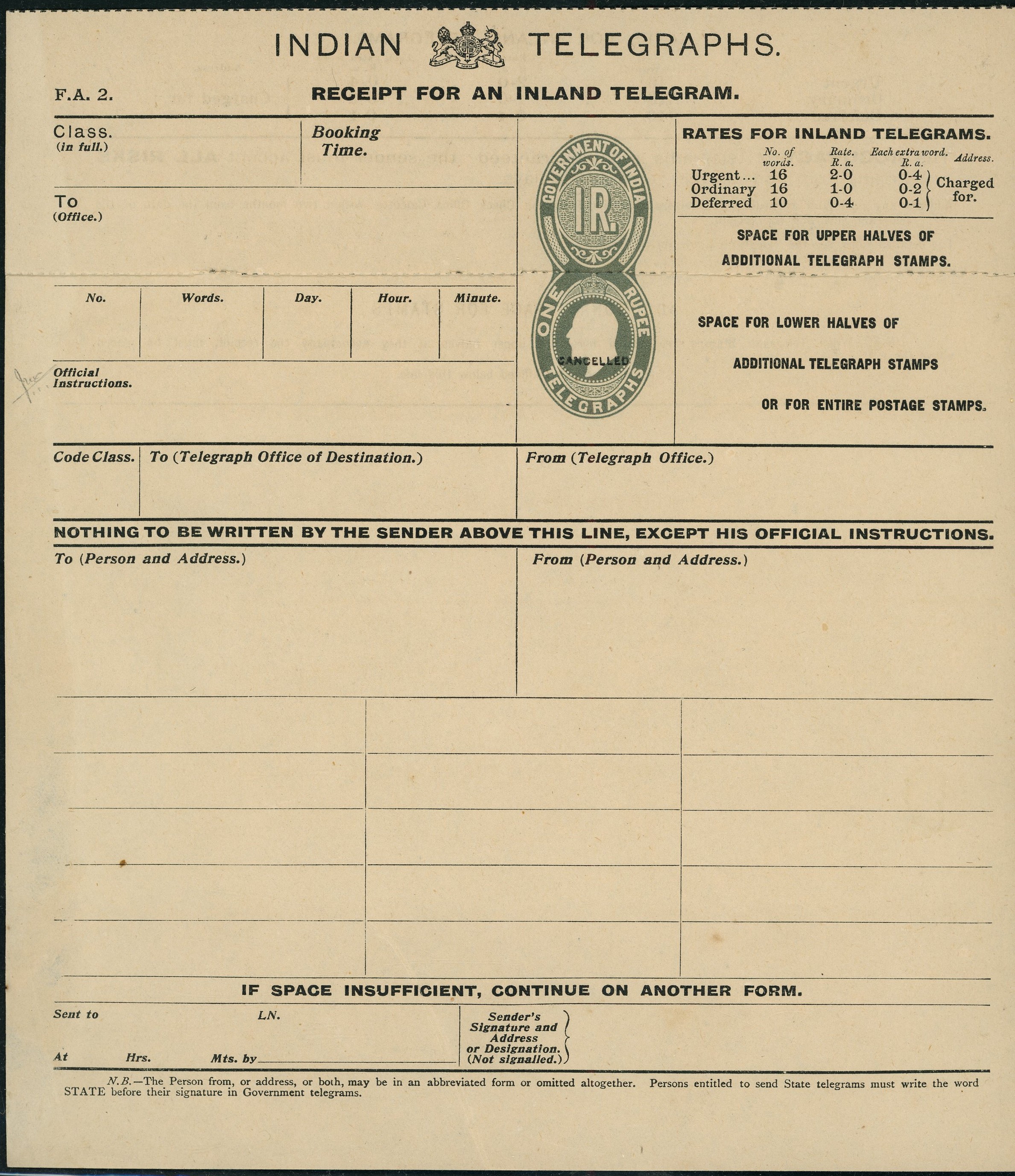 India 1908 KEVII 4a and 2r embossed telegraph forms unused