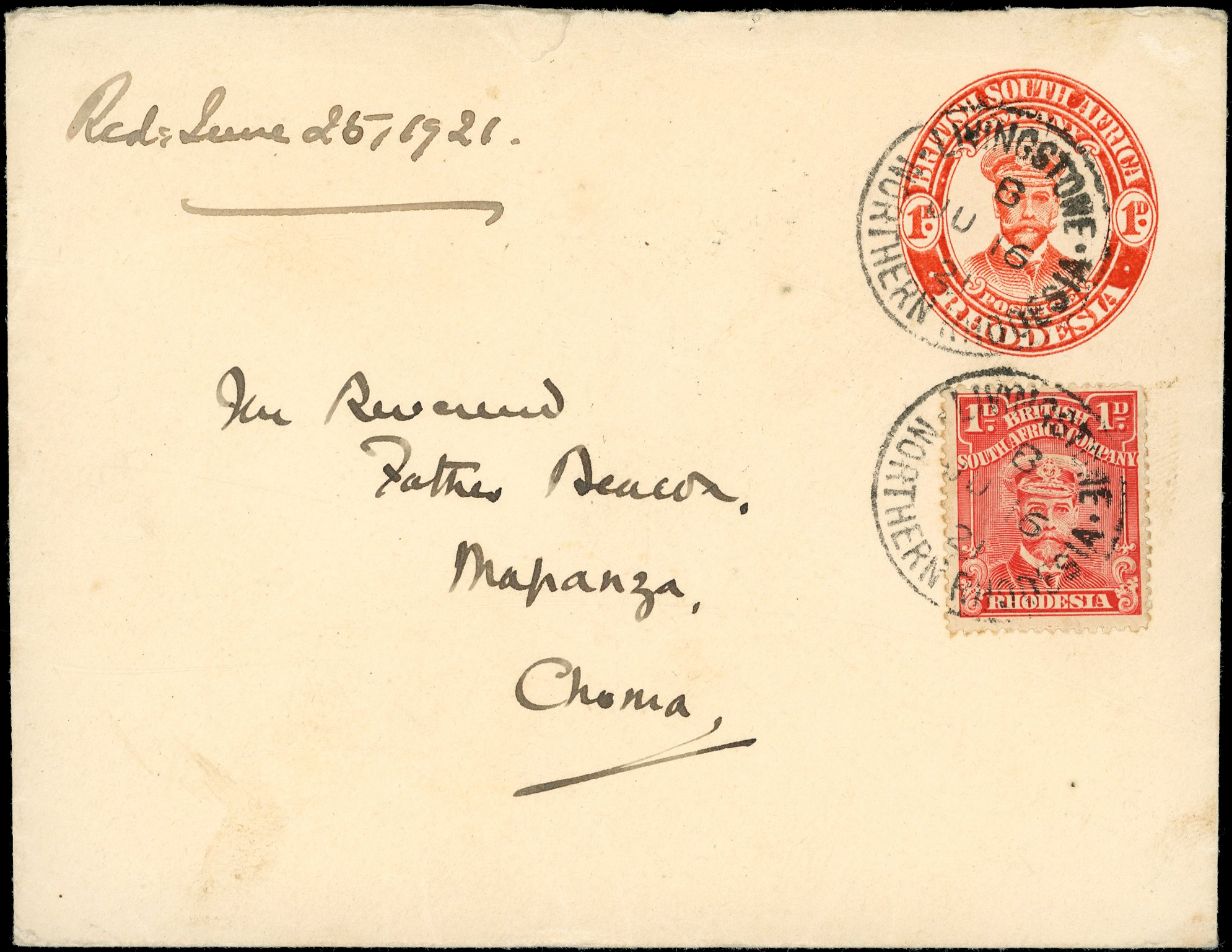 1921 1d red "Admiral" envelope used from Livingstone to Mapanza, Choma