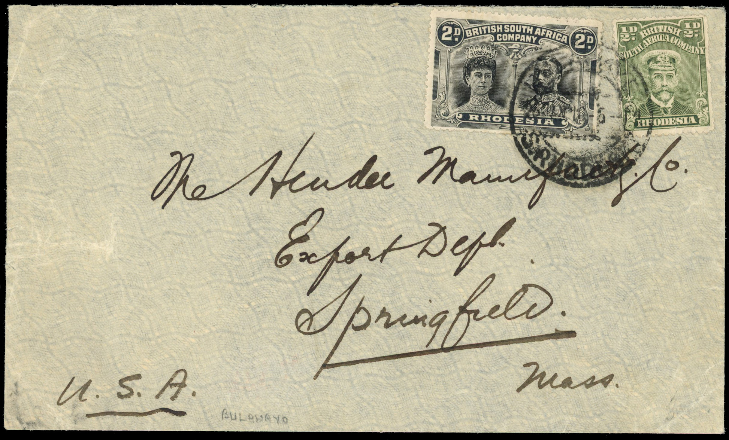 Rhodesia ½d Admiral and 2d Double Head on 1916 cover to USA