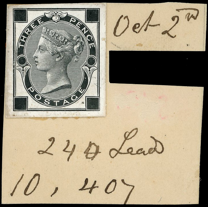 1872 3d, plate 10, die proof from striking book piece printed in black on white glazed card