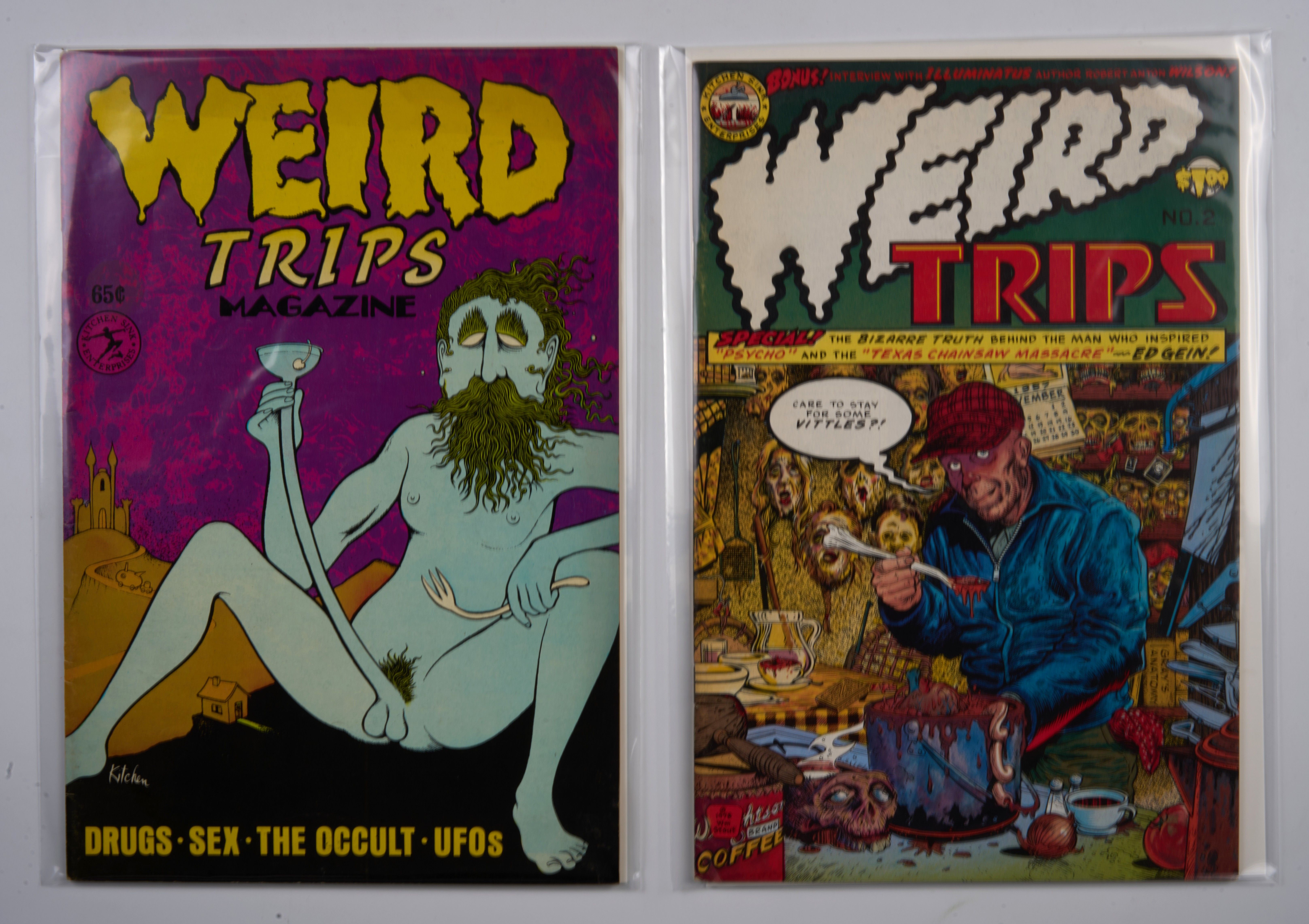 Weird Trips Magazine #1 & #2 Recalled Ed Gein Cover by William Stout (Kitchen Sink, 1974-1978)