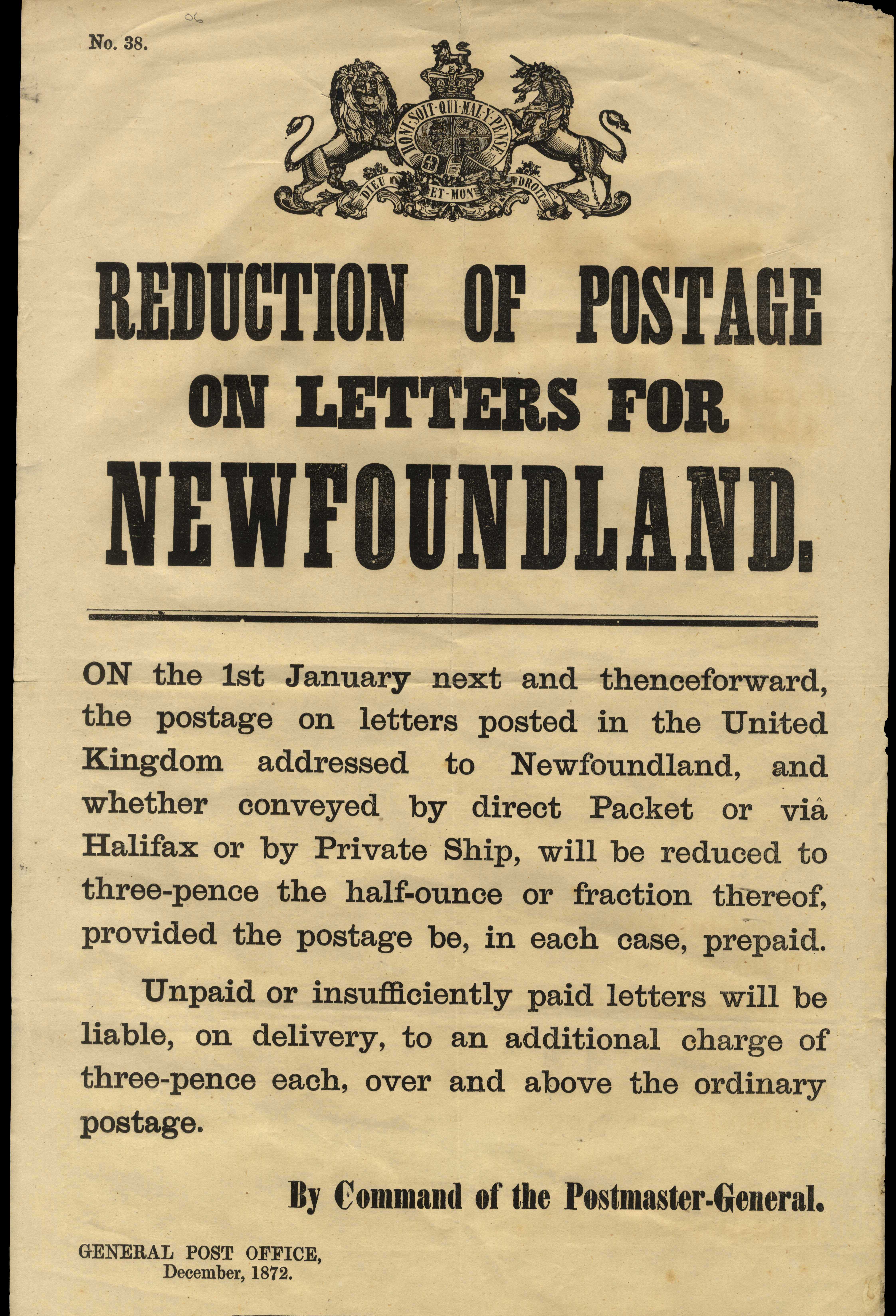 Newfoundland GB 1872 Postal Notice notifying rate reduction to Newfoundland