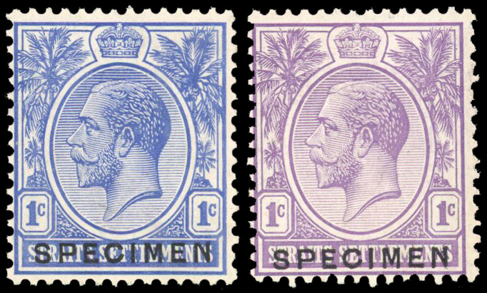 Straits Settlements 1922 (c.) 1c printer's samples in blue and violet