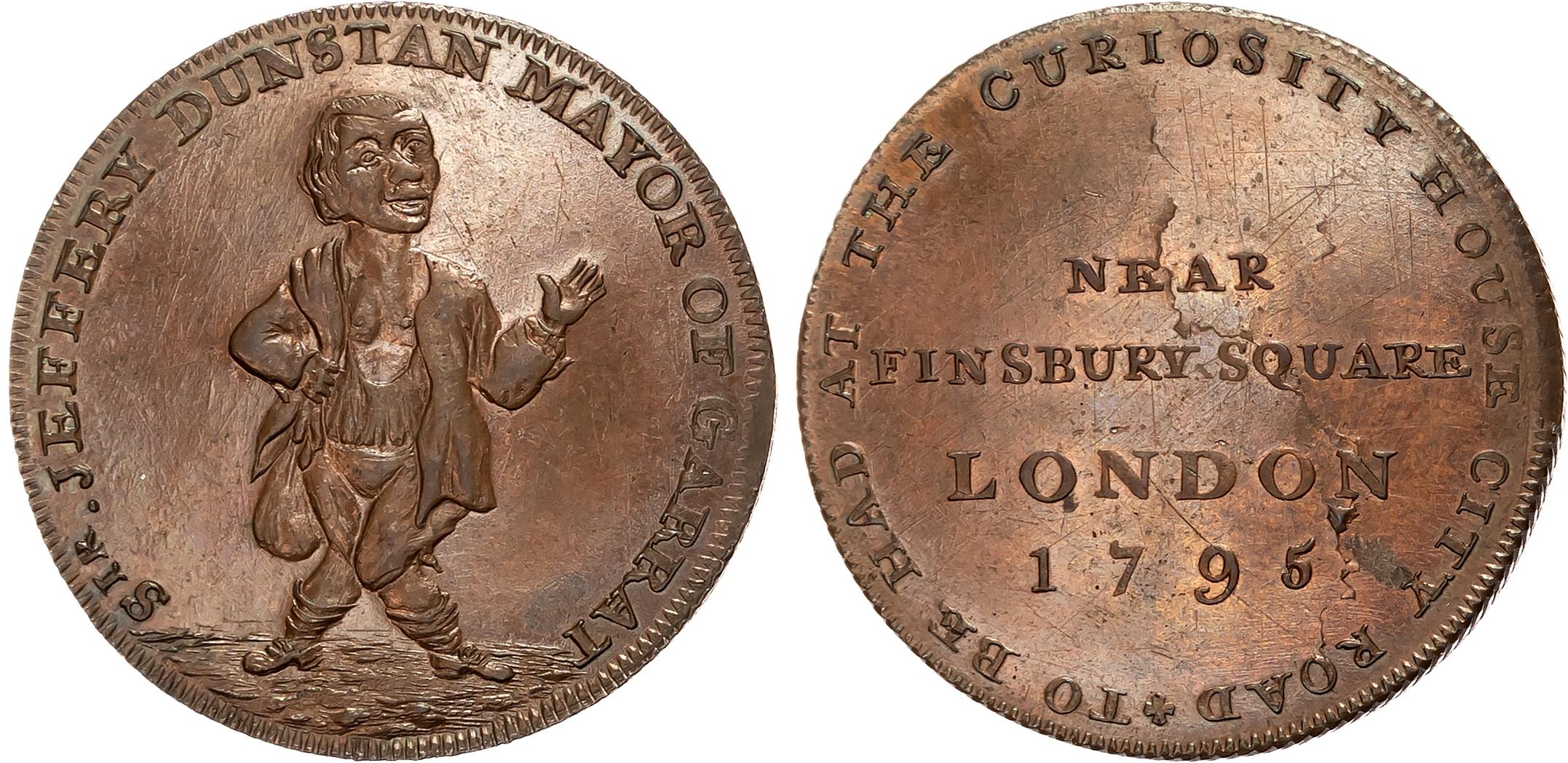 London , City Road, Thomas Hall (zookeeper) Halfpenny 1795, Grotesque bare-chested dwarf standing facing, rev. the Finsb …