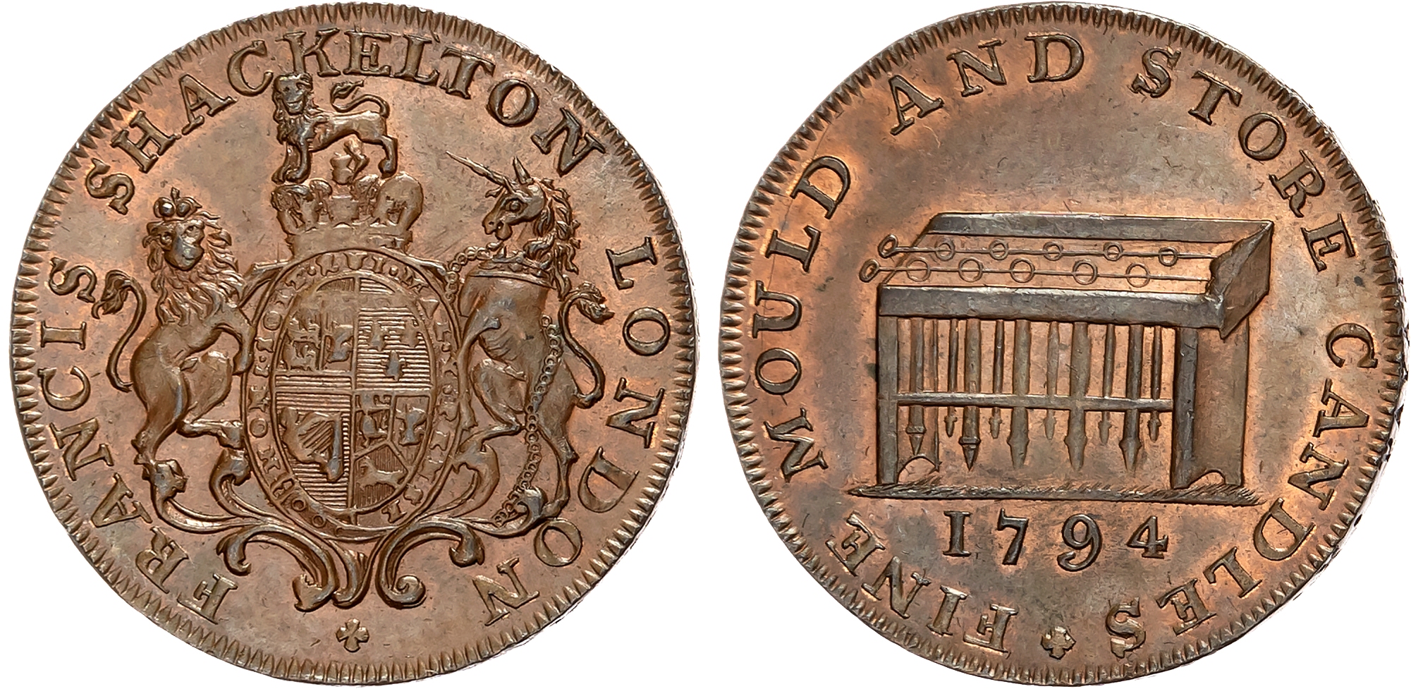 London, Haymarket , Francis Shackleton Halfpenny 1794, Royal Arms, rev. candle moulds, edge PAYABLE IN SUFFOLK STREETMAY …