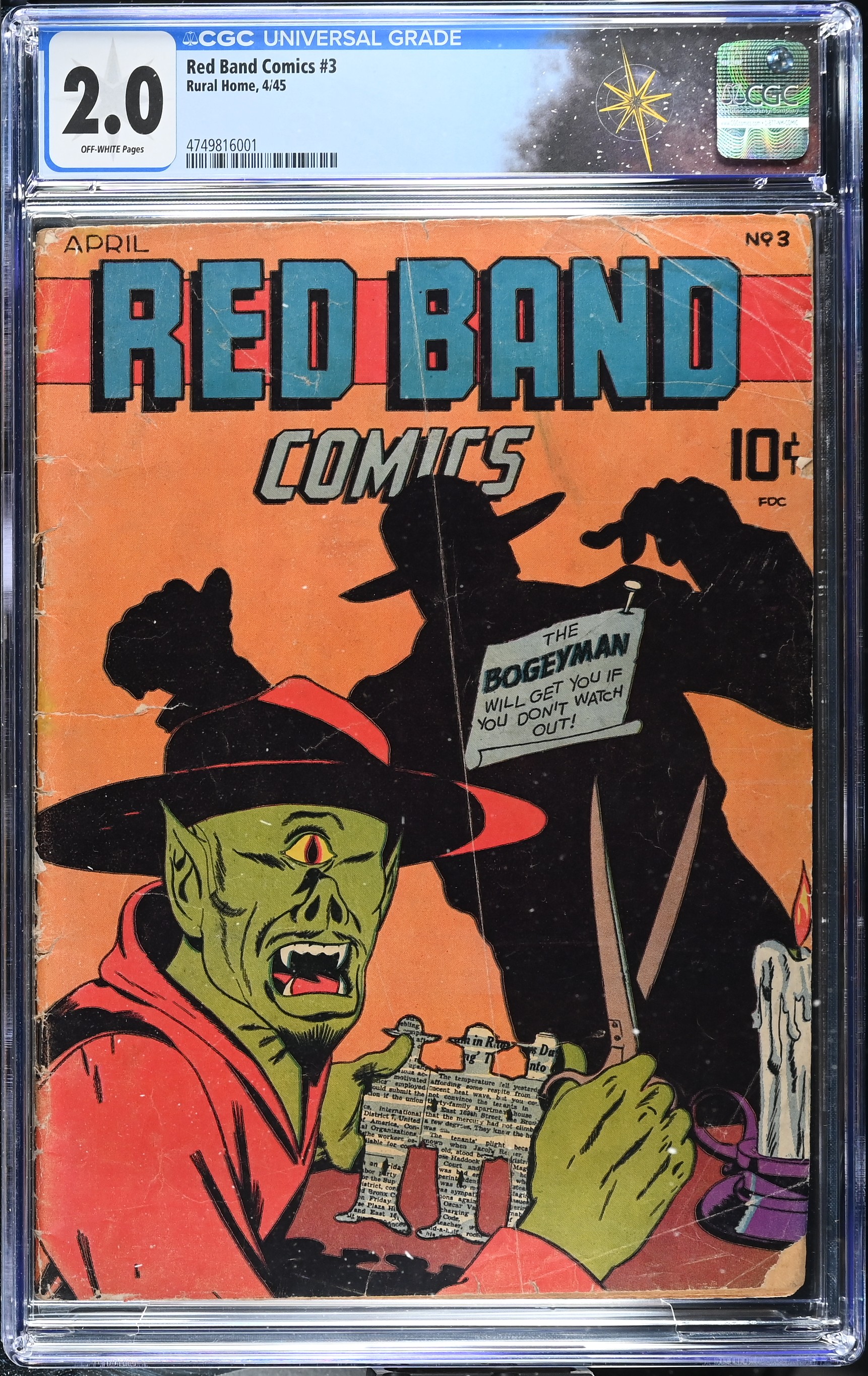 Red Band Comics #3 CGC 2.0 Bogey Man & Satanas Cover (Rural Home, 1945) Off-White Pages