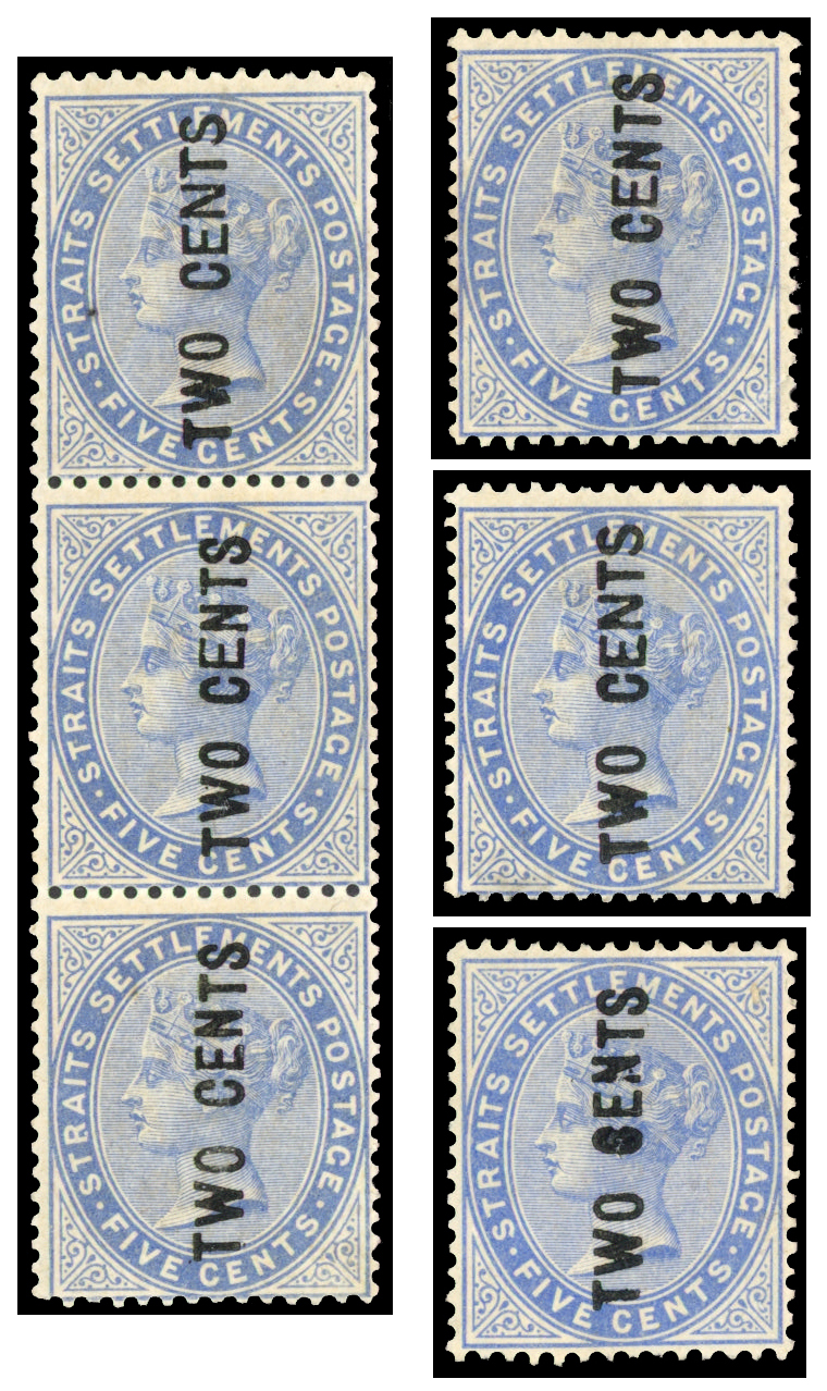 Straits Settlements SG 76/78 1884 TWO CENTS on 5c blue
