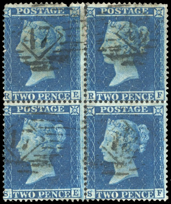 GB 1858 2d deep blue Plate 6 re-entry block used