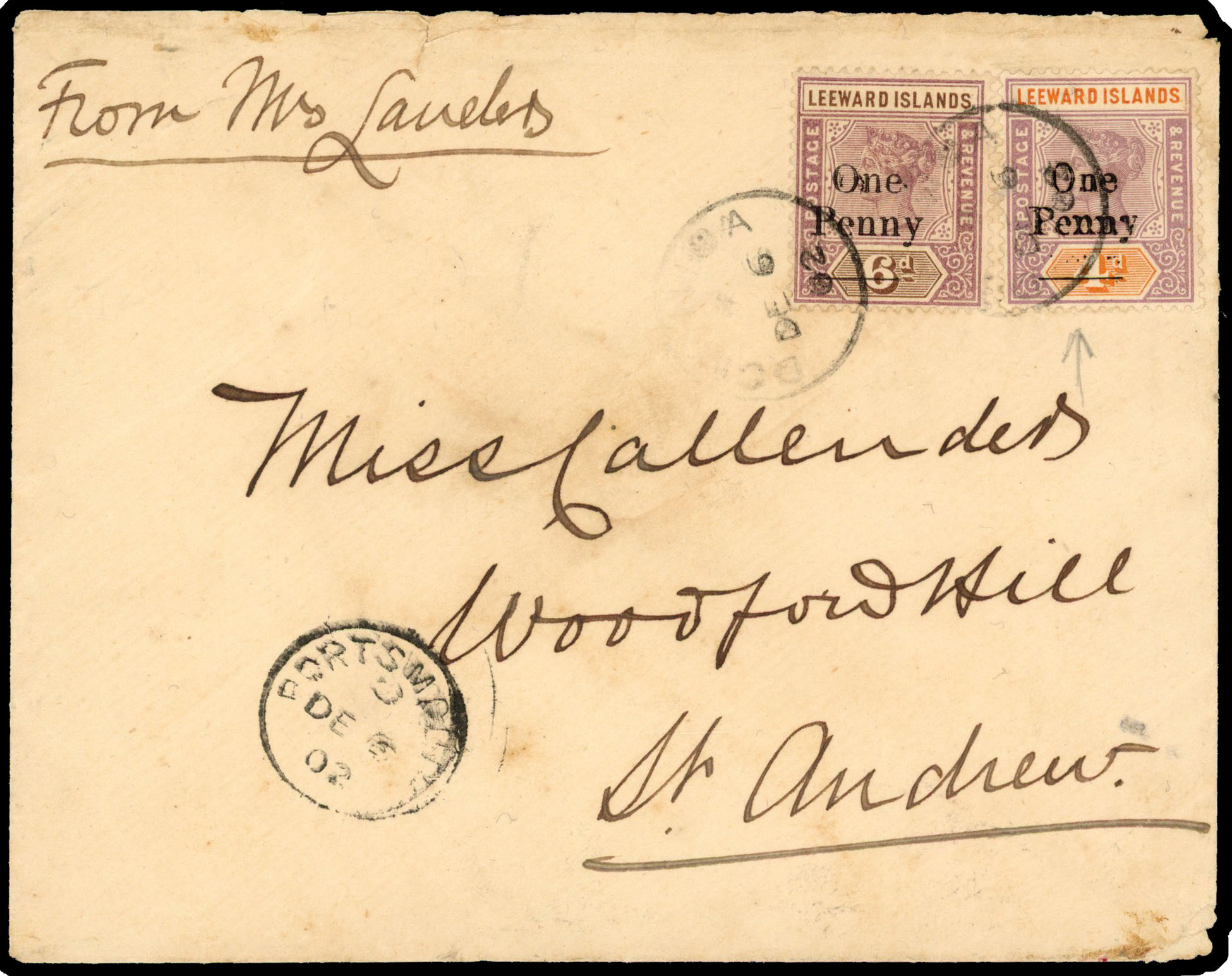 DOMINICA: 1902 double rate internally used commercial cover to Woodford Hill, St Andrew franked 1d on 4d and 1d on 6d